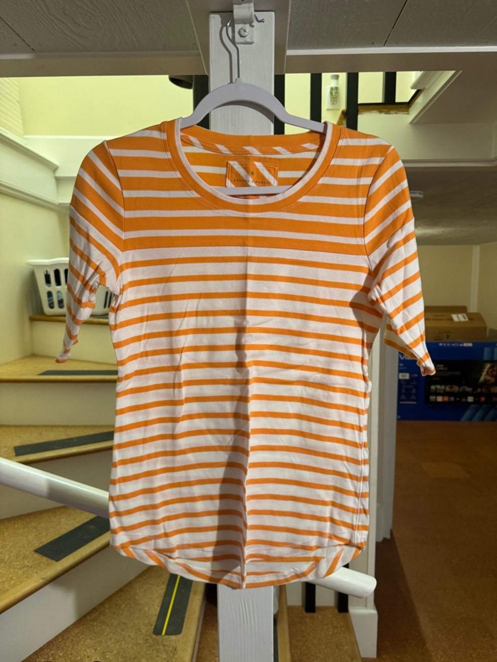 Banana Republic Women’s Orange & White Striped 3/4 sleeve Top